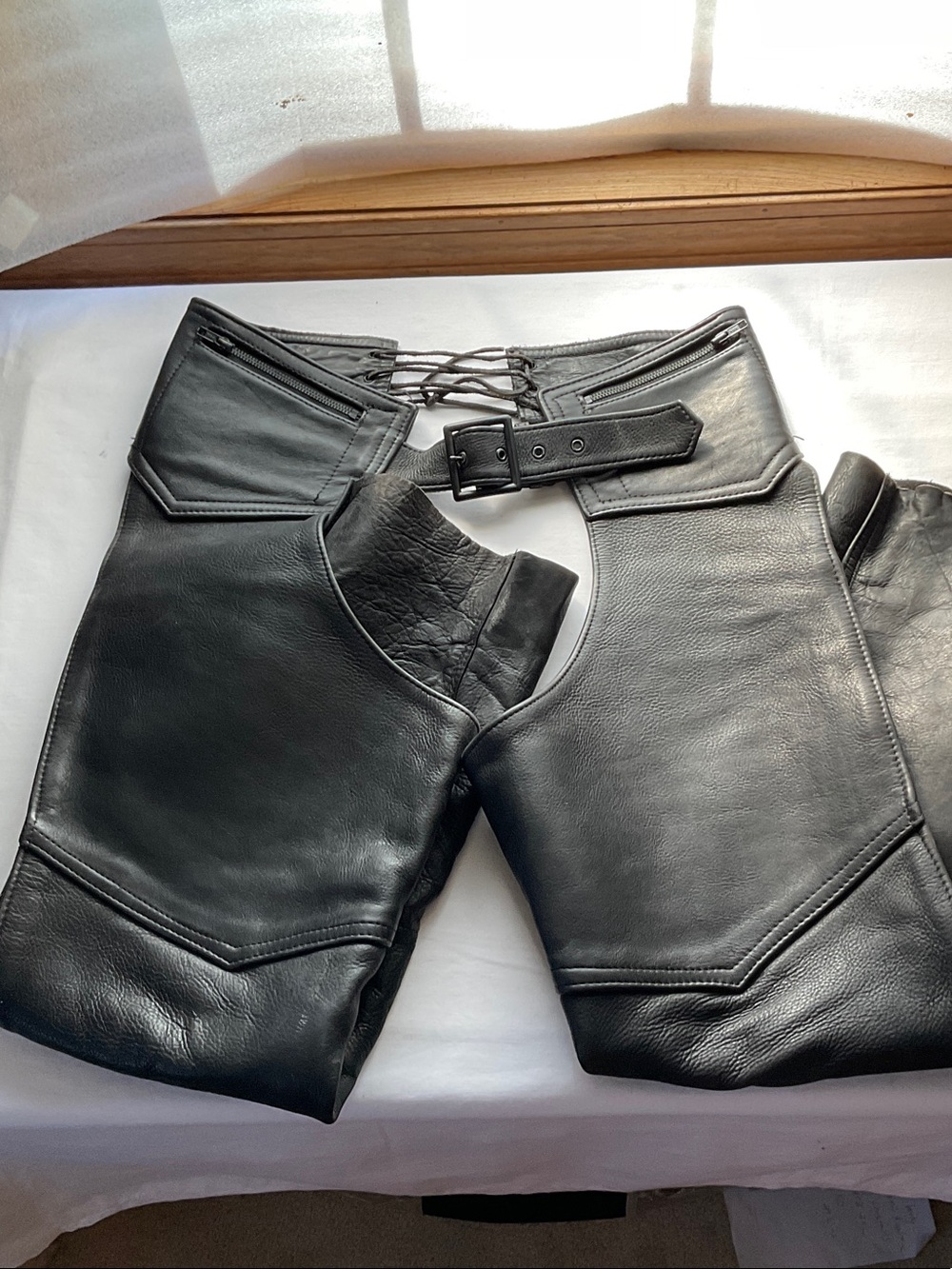 Men’s Black Leather Motorcycle Chaps with Buckle Front and Laced Back